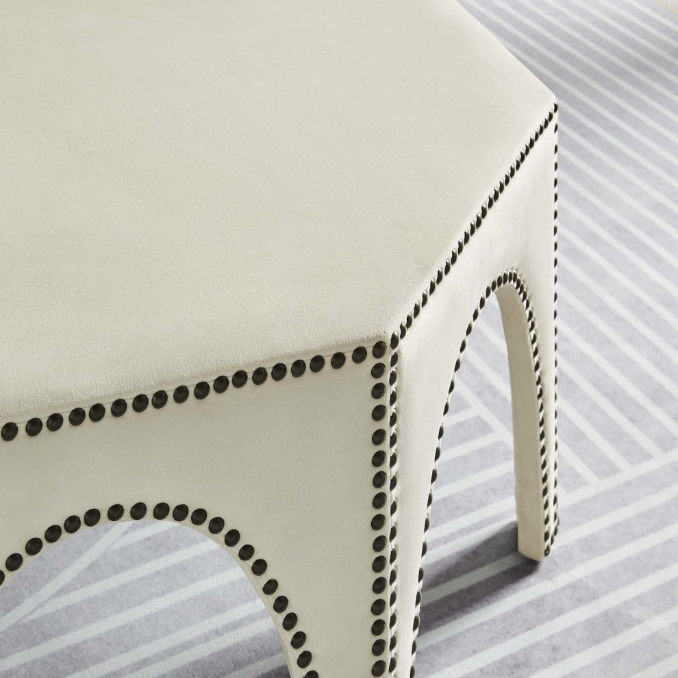 Ottoman Accent Chair, Nailhead, Ivory White, Velvet, Modern Lounge Cafe