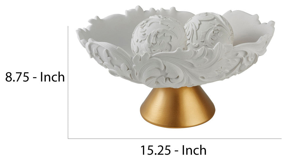 Benzara BM240863 Bowl With Baroque Scroll Design With 2 Spheres, White