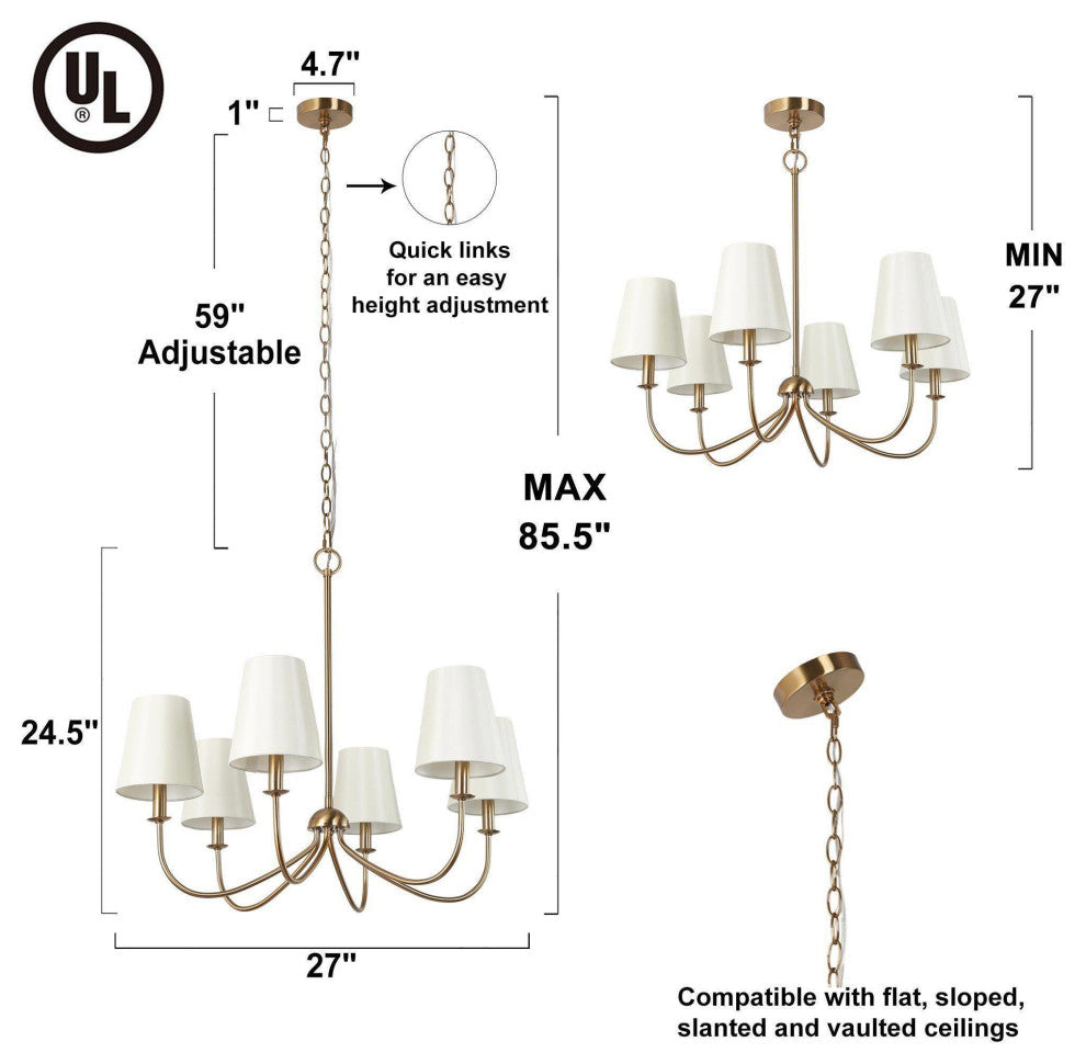 LNC 6-Lights Modern Polished White Candle Fabric Gold Chandelier