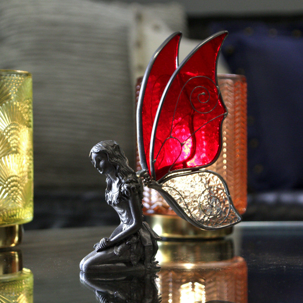 Kneeling Fairy Pewter Figurine Home Decor Mythical Desk Accessories Glass Wings