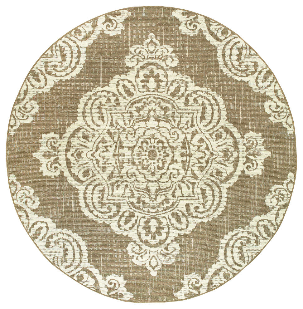 Martinique Overscale Medallion Tan/ Ivory Indoor/Outdoor Area Rug, 7'10"x7'10"