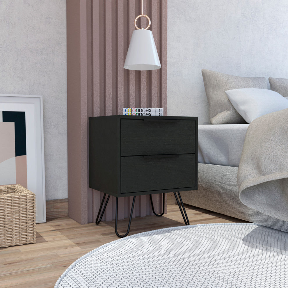 Nuvo 22-inch Tall Nightstand, 2 Drawers, and Hairpin Legs, Black Wenge