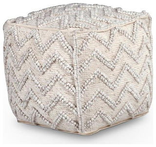 Bowery Hill Transitional Square Zigzag Handwoven Ivory Wool Pouf