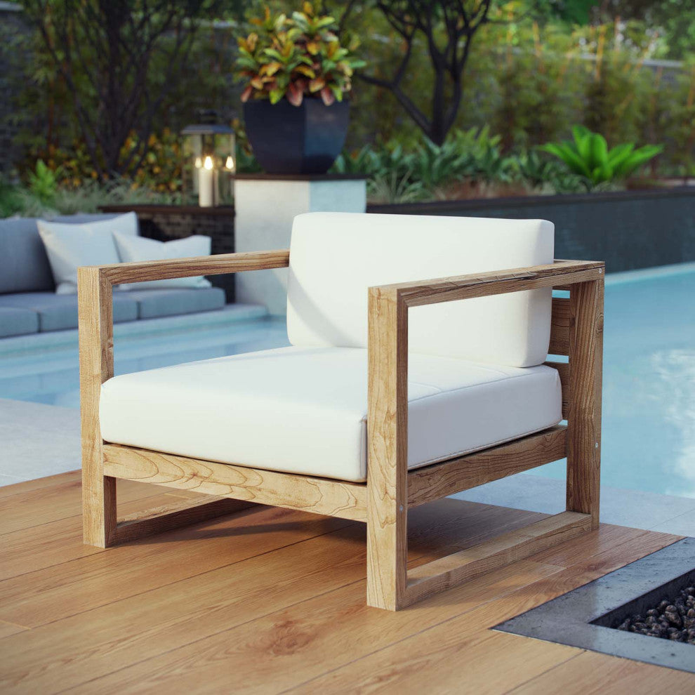 Lounge Chair Armchair, White Natural, Teak Wood, Modern, Outdoor Hospitality