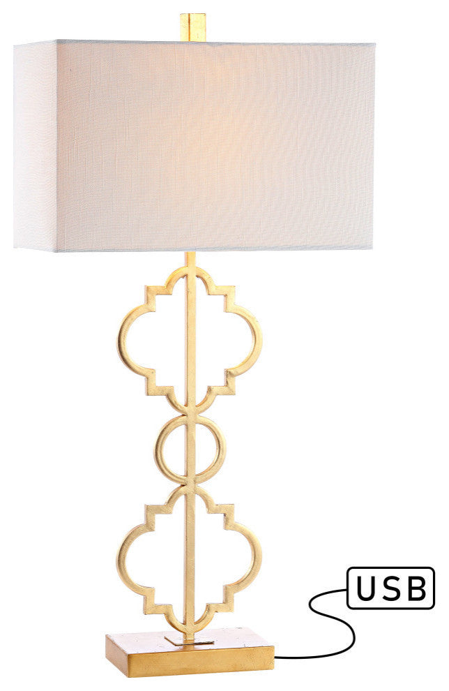 Selina 32" Iron Ogee Trellis Modern LED USB Table Lamp, Gold by JONATHAN Y