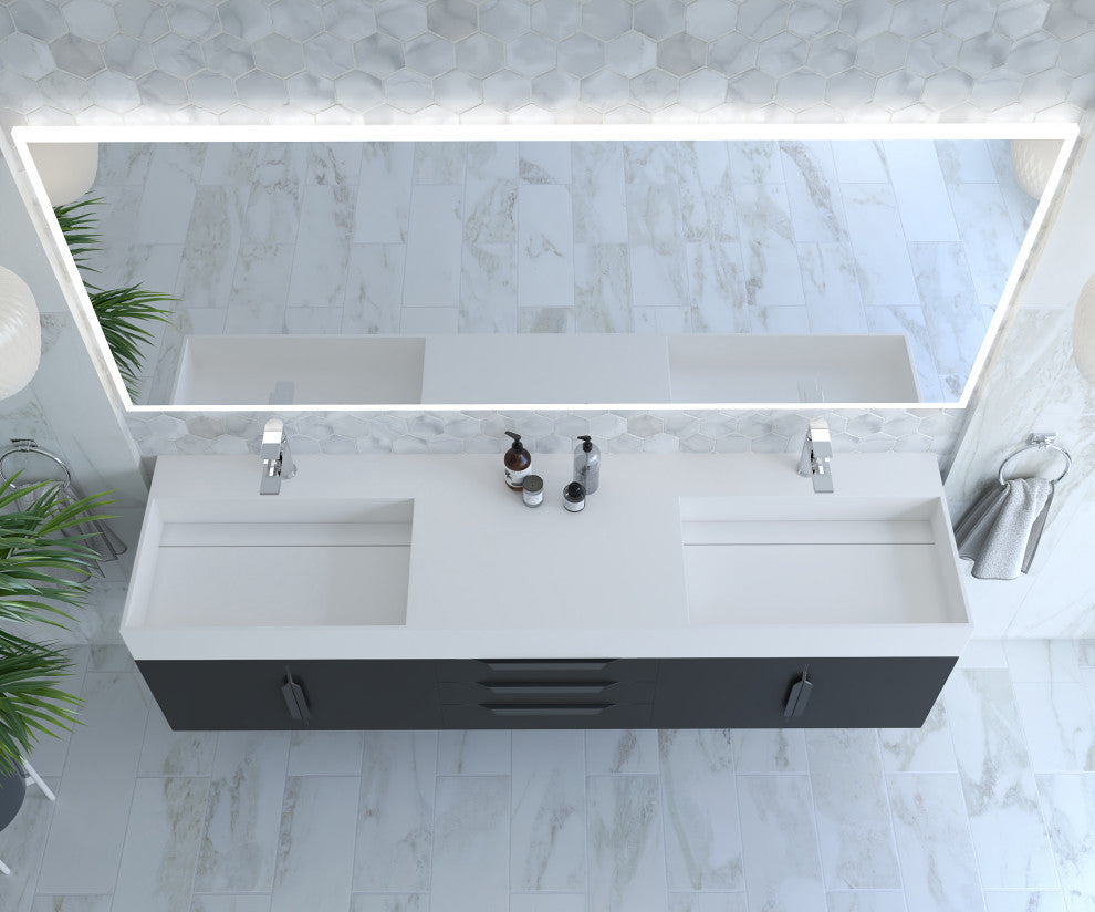 CastelloUSA Amazon 72" Wall Mounted Vanity Set, Black, White Top, Black Handles