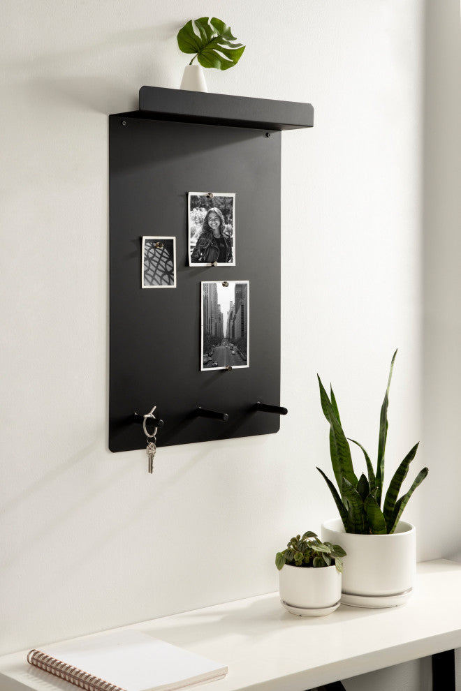 Mezzo Magnetic Wall Organizer with Hooks, Black 15x24