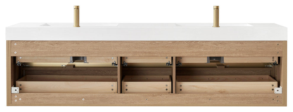 Palencia Floating Bath Vanity With Composite Stone Top, North American Oak, 84", No Mirror