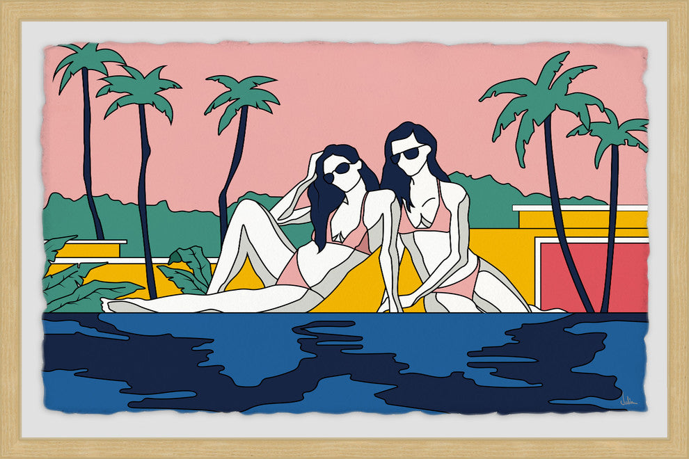 "Girls Sunbathing by the Pool" Framed Painting Print, 18"x12"