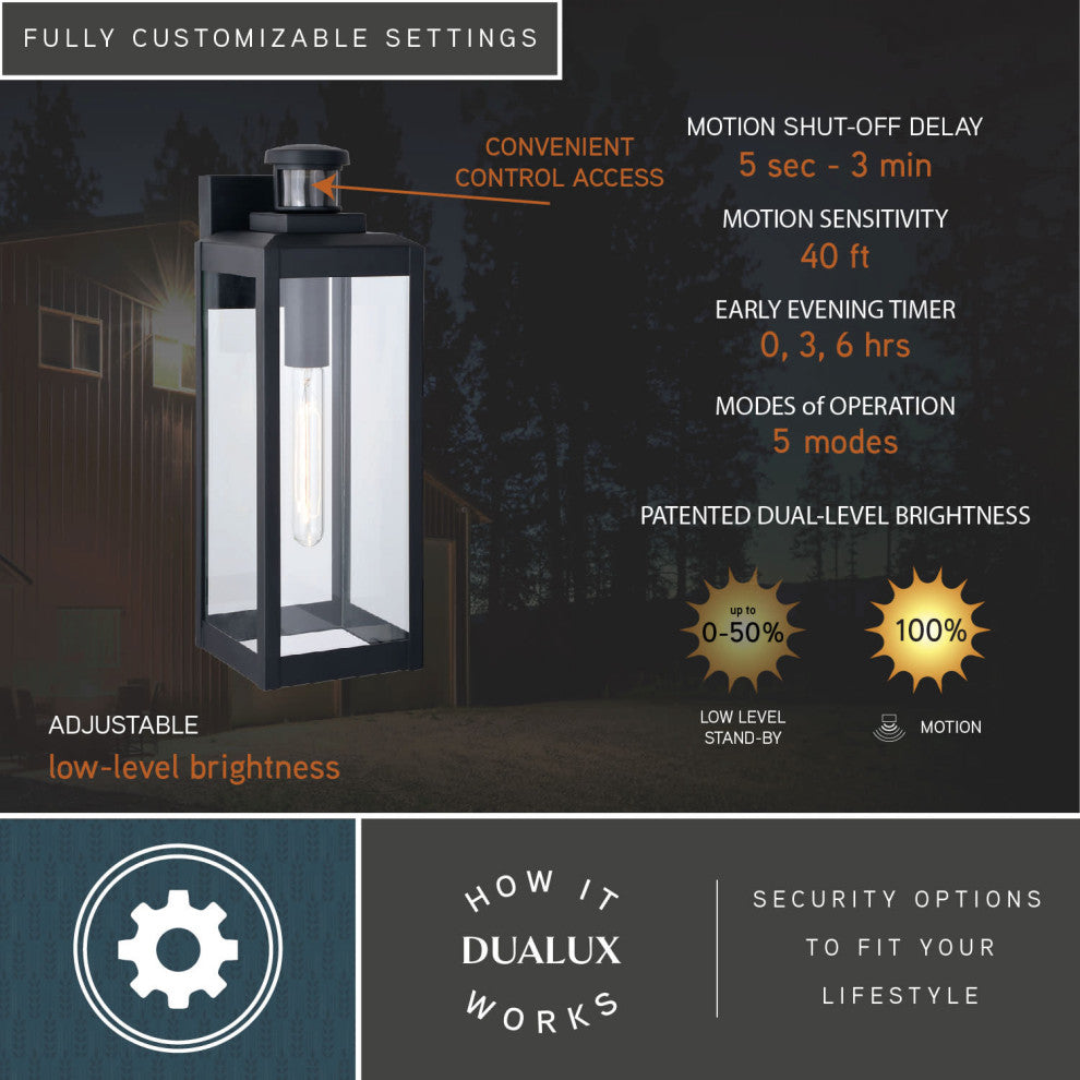Kinzie Black Motion Sensor Dusk to Dawn Outdoor Wall Light Fixture Clear Glass, 6"wx17.5"hx7"d