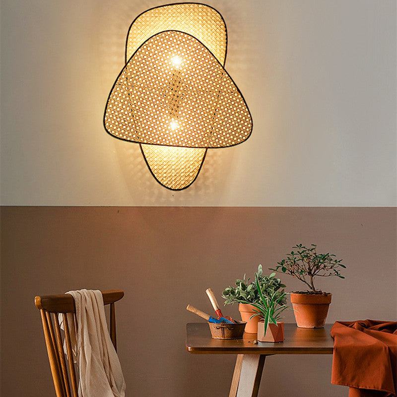 French Designer Wall Lamp with Hand Made Rattan Wicker for Bedroom, Double Head, Warm Light
