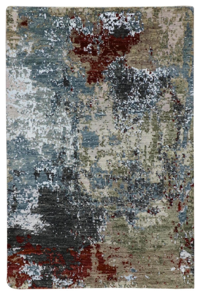 Blue Gray, Hand Knotted Abstract Design, Pure Wool Oriental Rug, 3'0"x5'2"