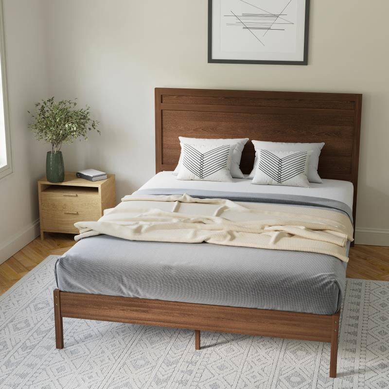 Kingston Solid Wood Platform Bed with Wooden Slats and Headboard, Brown, Queen