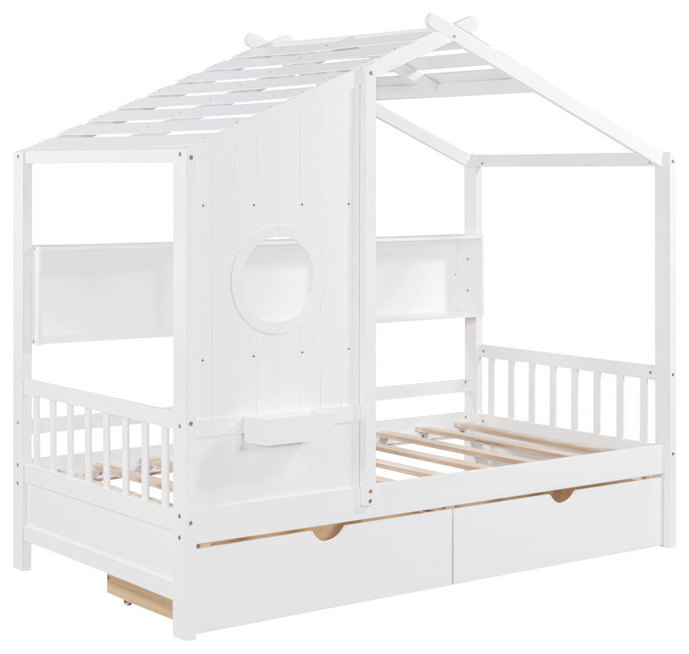 Gewnee  Wooden Twin Size House Bed with 2 Drawers