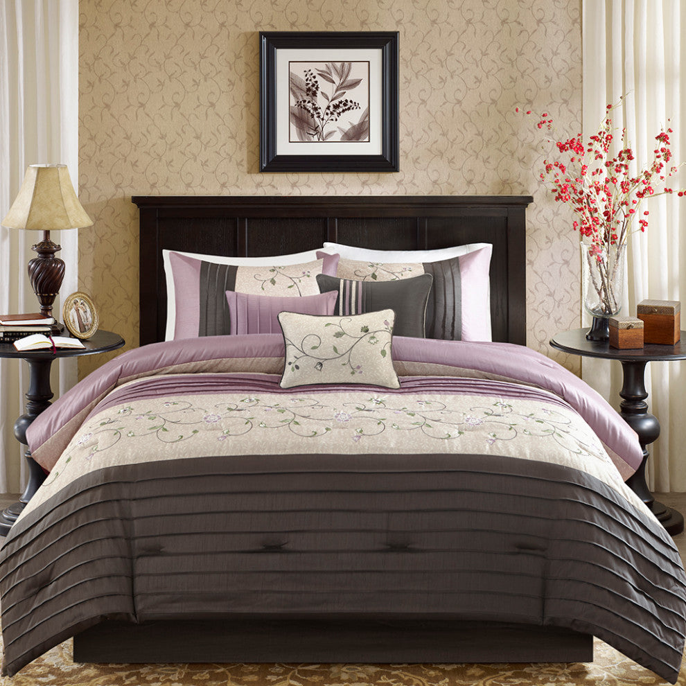 Madison Park Serene Embroidered 7 Piece Comforter Set, Purple