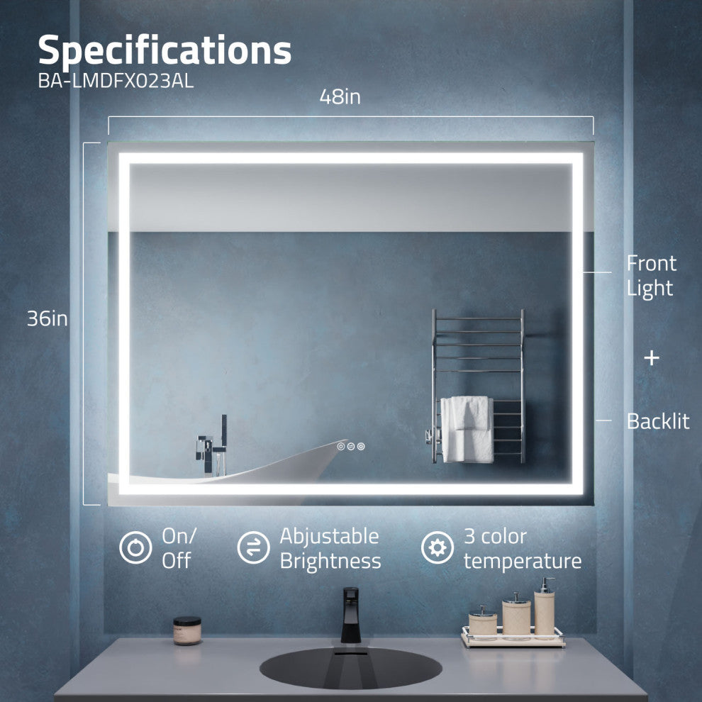 ANZZI 36" x 48" Frameless LED Front/Back Light Bathroom Mirror WithDefogger