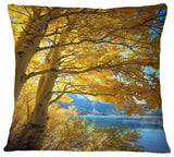 Bright Yellow Autumn Tree Landscape Printed Throw Pillow, 16"x16"