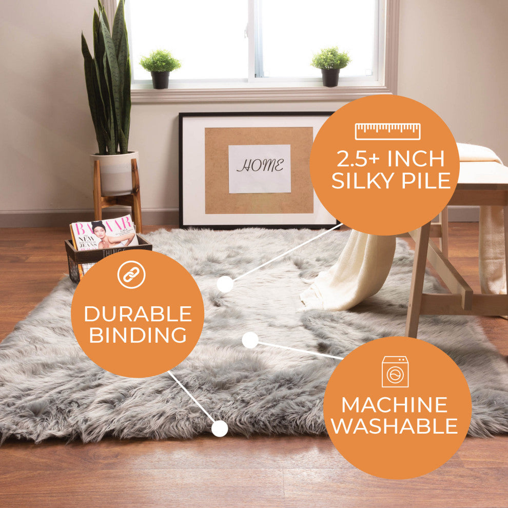 Plush and Soft Faux Sheepskin Fur Shag Area Rug, Gray, 3' X 5'