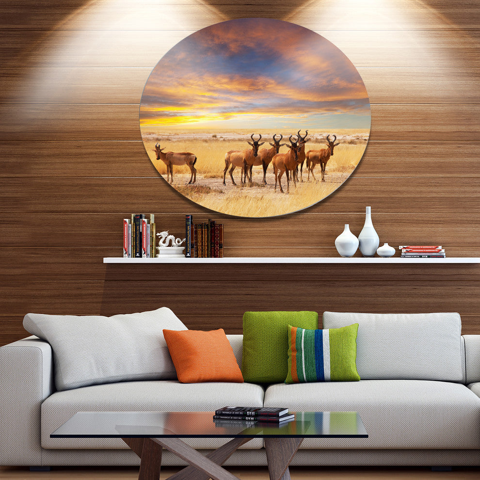 Herd Of Antelope In Etosha Park, African Landscape Round Wall Art, 23"