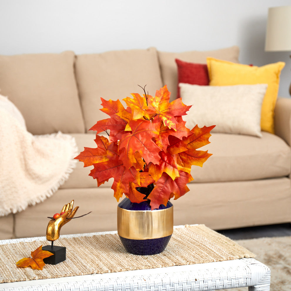 18" Autumn Maple Leaf Artificial Plant, Blue and Gold Planter