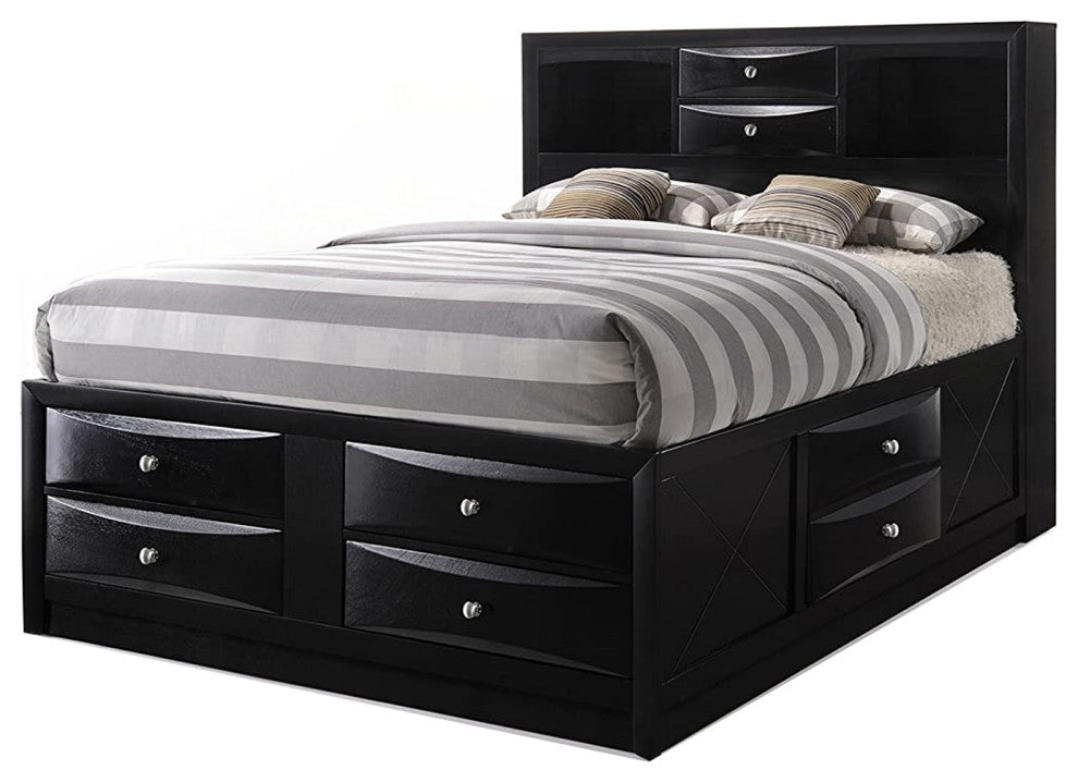 Benzara BM218458 8 Drawer Full Size Storage Bed with Bookcase Headboard, Black