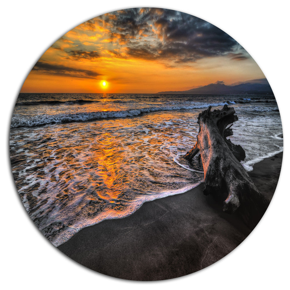 Log On Beach During Sunset, Seashore Art Disc Metal Wall Art, 36"
