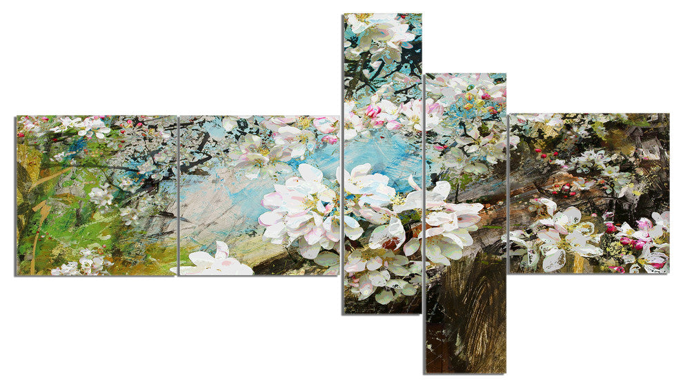 Apple Blossoms With White Flowers, Floral Art Canvas Print, 60"x32", 5 panels