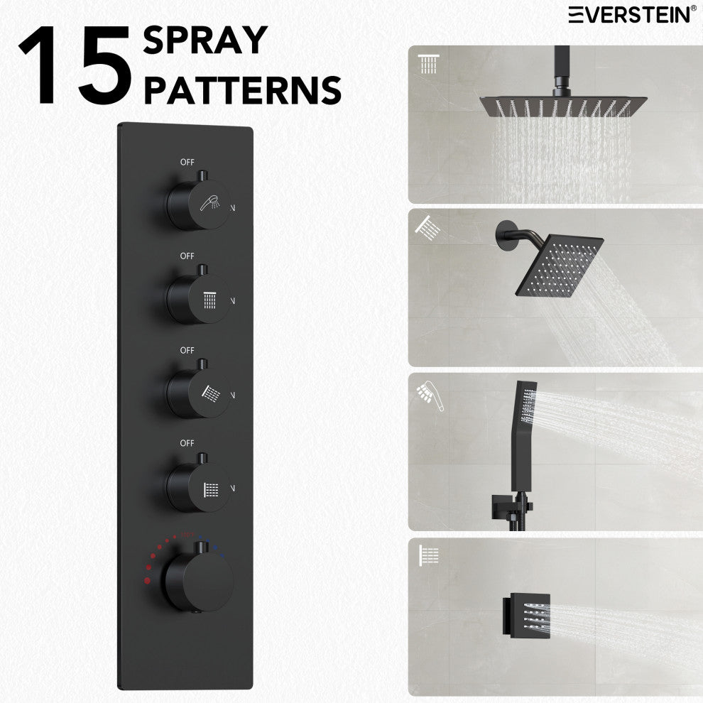 Dual Shower Heads 16" Thermostatic Shower System With Body Jets, Matte Black