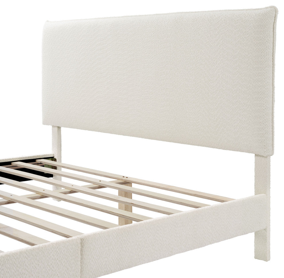 Miles White Boucle Upholstered Wood Frame Platform Bed, Queen, Pillow