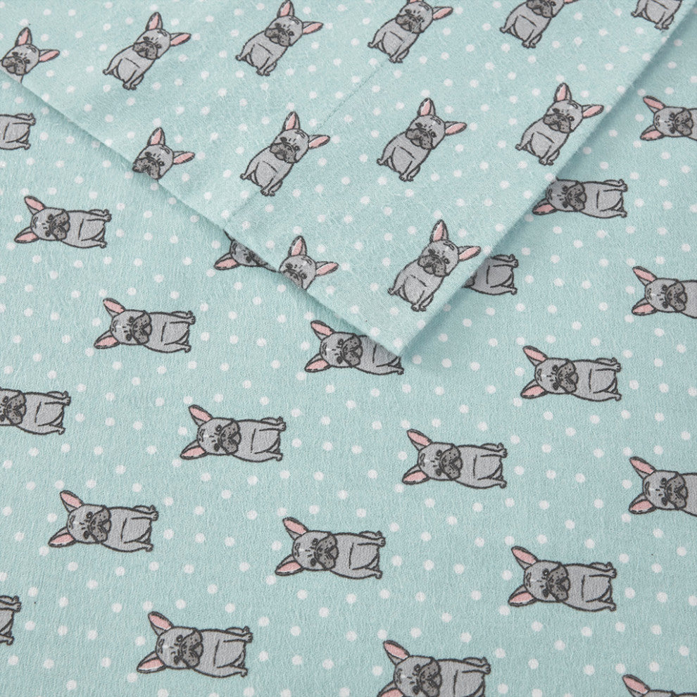 True North by Sleep Philosophy Cotton Flannel Sheet Set, French Bulldog, Blue