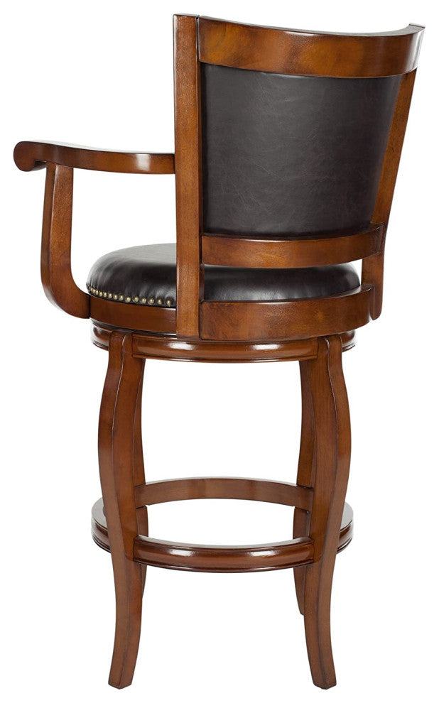 Classic Bar Stool, Curved Legs and Faux Leather Seat With Nailhead, Brown/Walnut