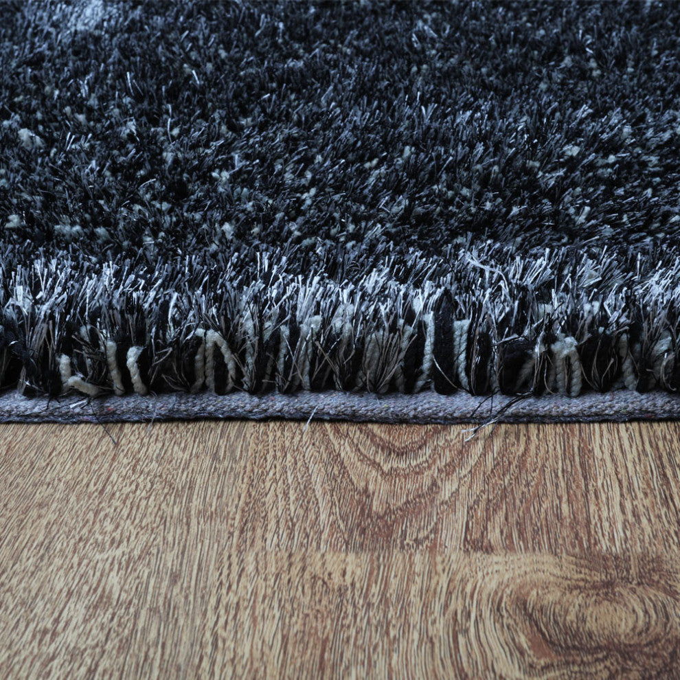 HAND TUFTED SHAG POLYESTER ECO-FRIENDLY AREA RUGS, Black Silver Color, Geometric