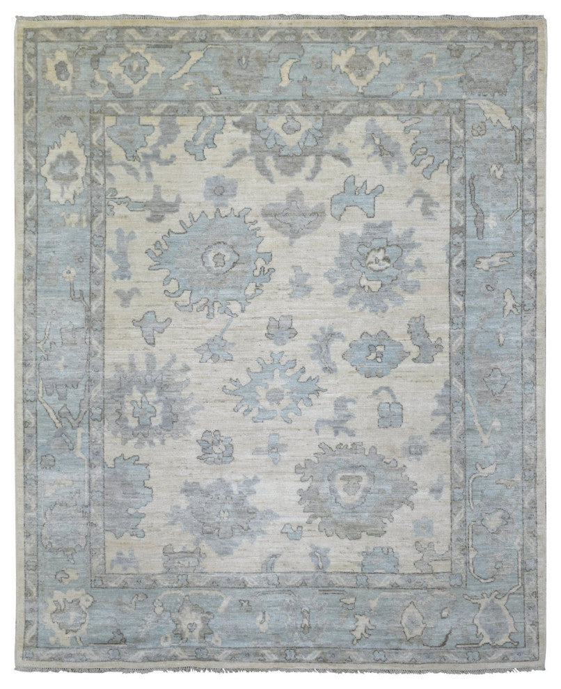 Ivory Hand Knotted Afghan Angora Oushak With Leaf Design Soft Wool Rug, 8'x9'9"