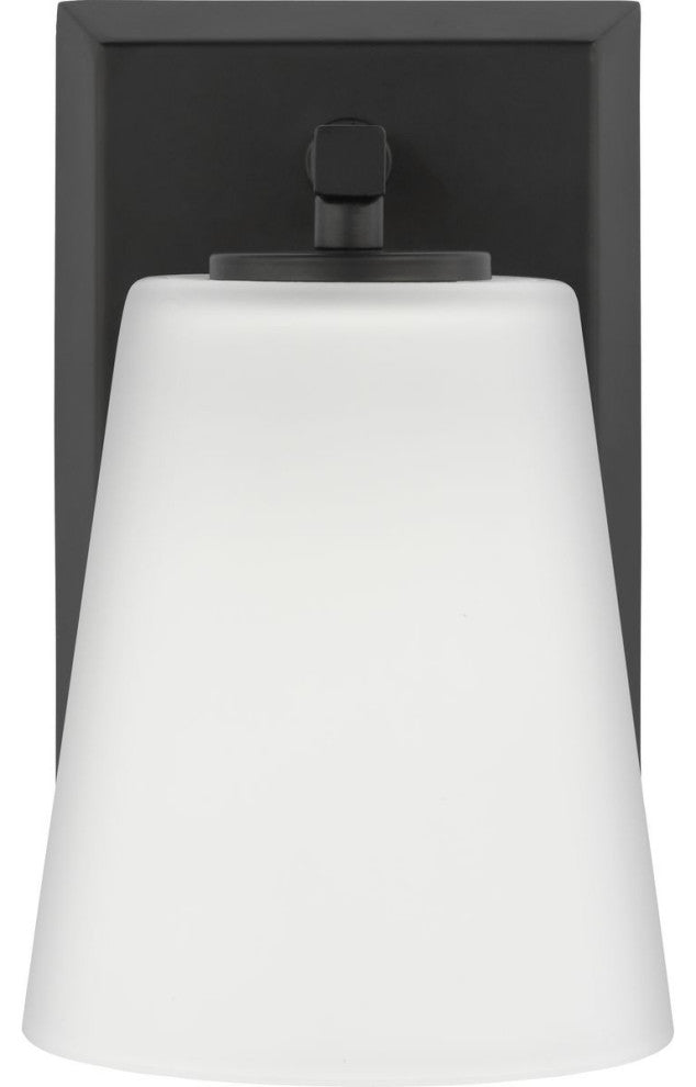Vertex Collection One-Light Matte Black Etched White Glass Bath Light