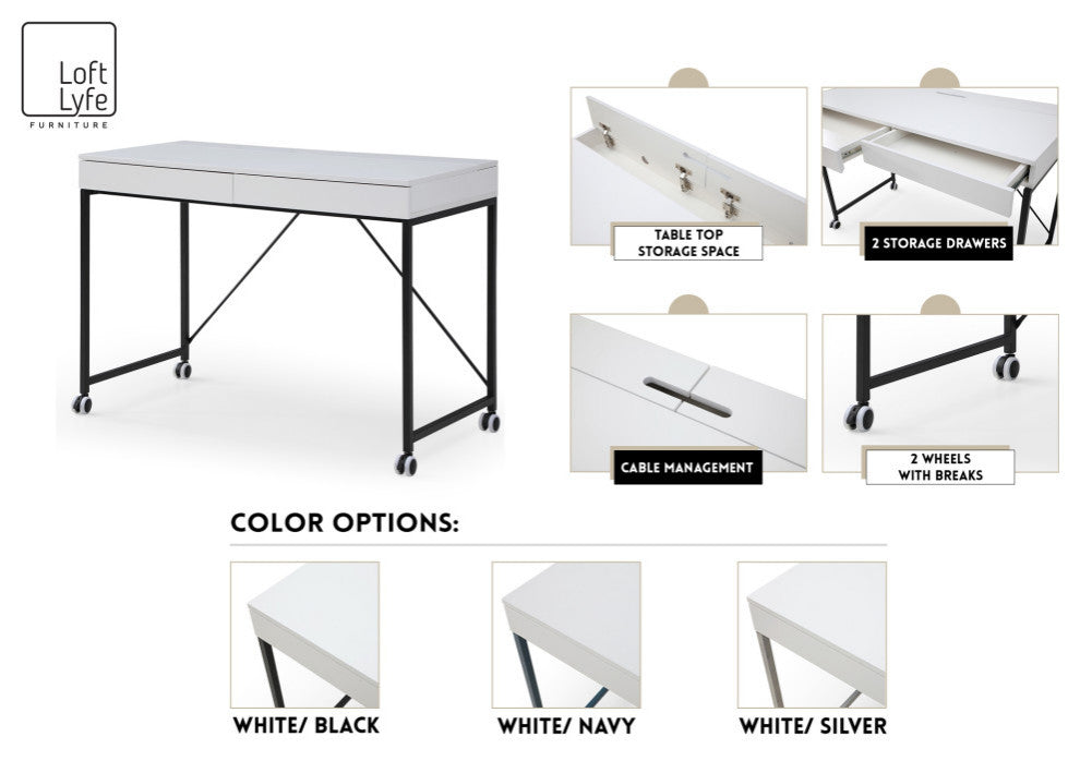 Loft Lyfe Ameera Desk, 2 Storage Drawers, White/Navy