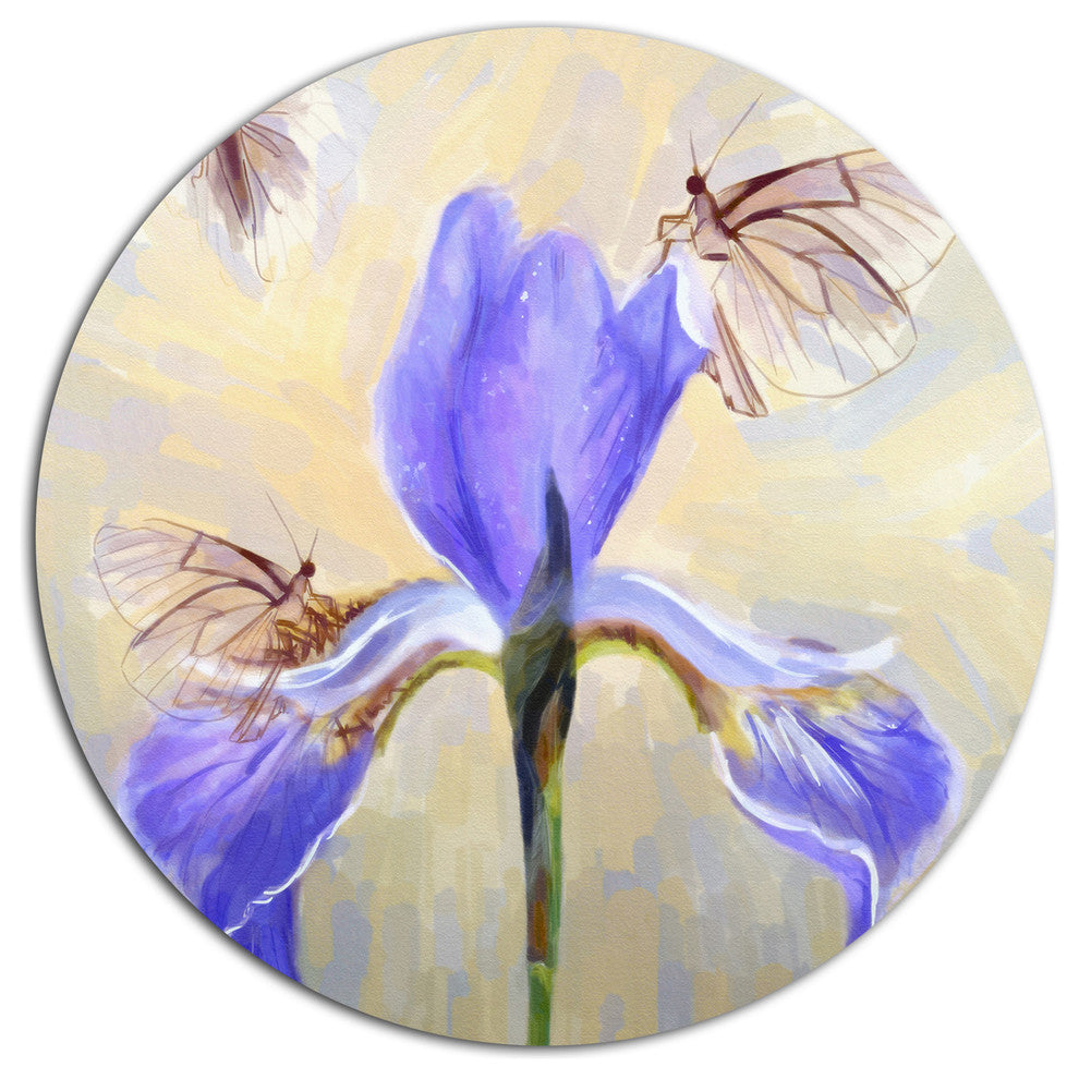 Blue Flower With Butterflies Sketch, Floral Disc Metal Wall Art, 23"