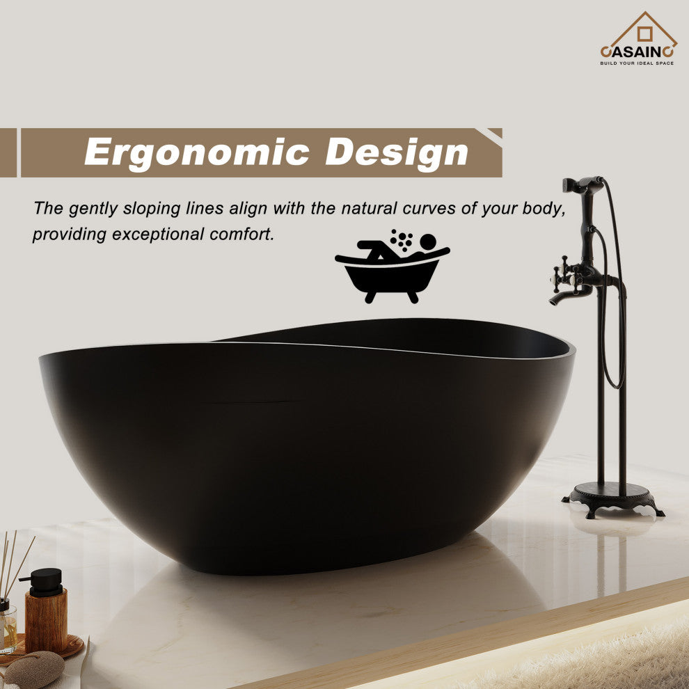 63in Solid Surface Freestanding Bathtub in Matte White, Matte Black