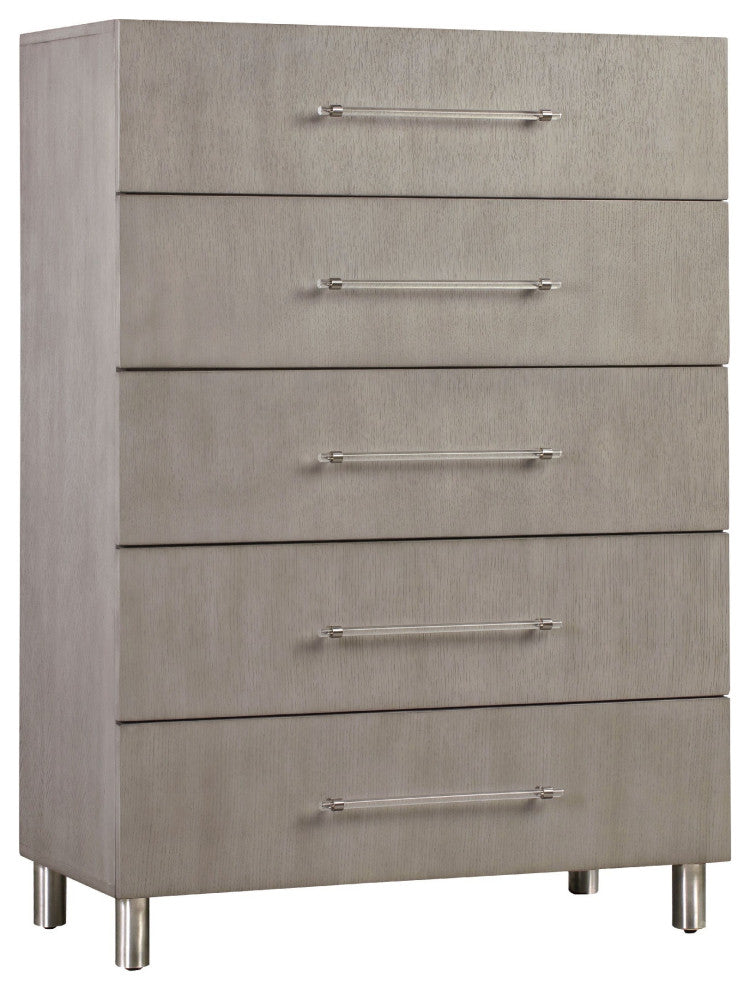 Benzara BM273045 54" Wood 5 Drawer Tall Chest Dresser With Clear Handles, Gray