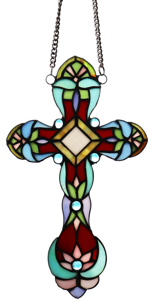 Cross Victorian Tiffany-Style Stained Glass Panel 13" Tall