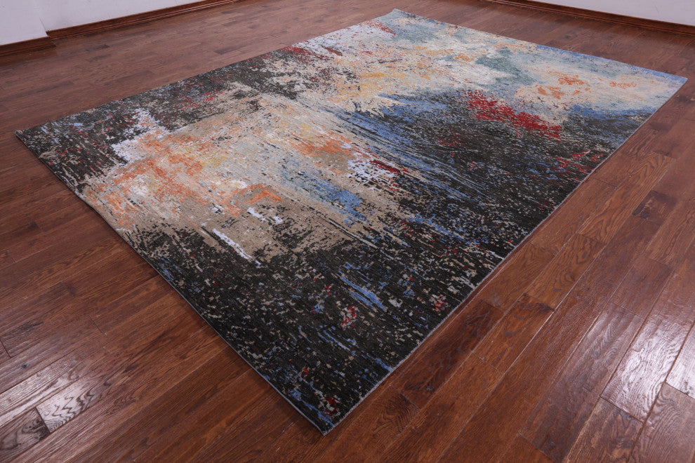 9' 1" X 12' 1" Wool and Silk Abstract Hand-Knotted Rug Q8868