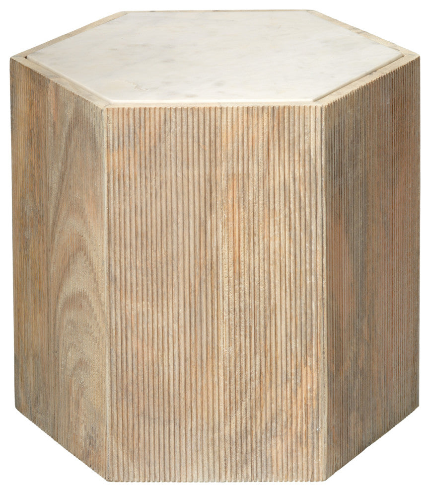 Large Argan Hexagon Table, Natural Wood and White Marble