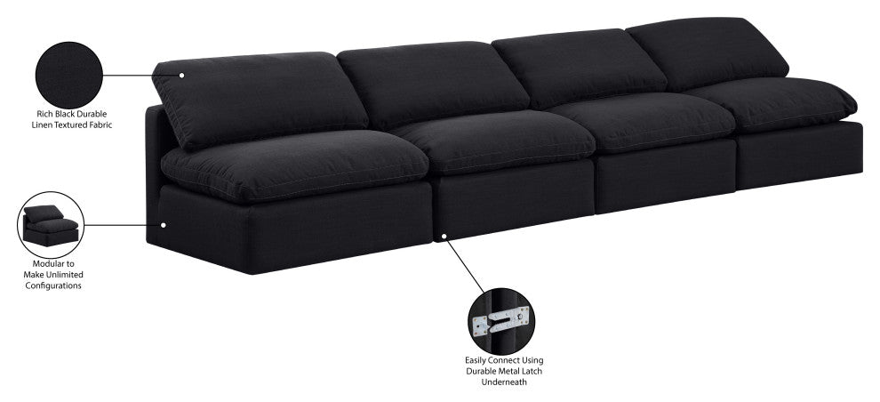 Indulge Upholstered Modular Sofa, Black, 4-Piece: 4 Armless Chair, Down Stuffed Linen Textured Fabric