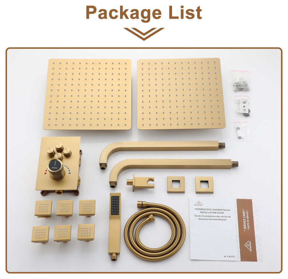 12" Dual Heads Shower System with 4 Way Thermostatic Faucet, Brushed Gold