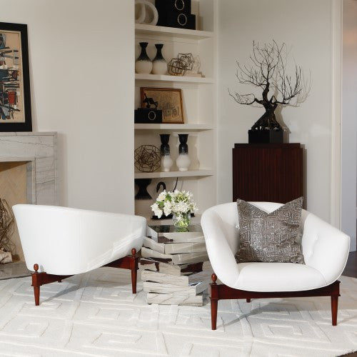 Luxe Mid Century Modern White Leather Club Chair  Round Barrel Minimalist Retro