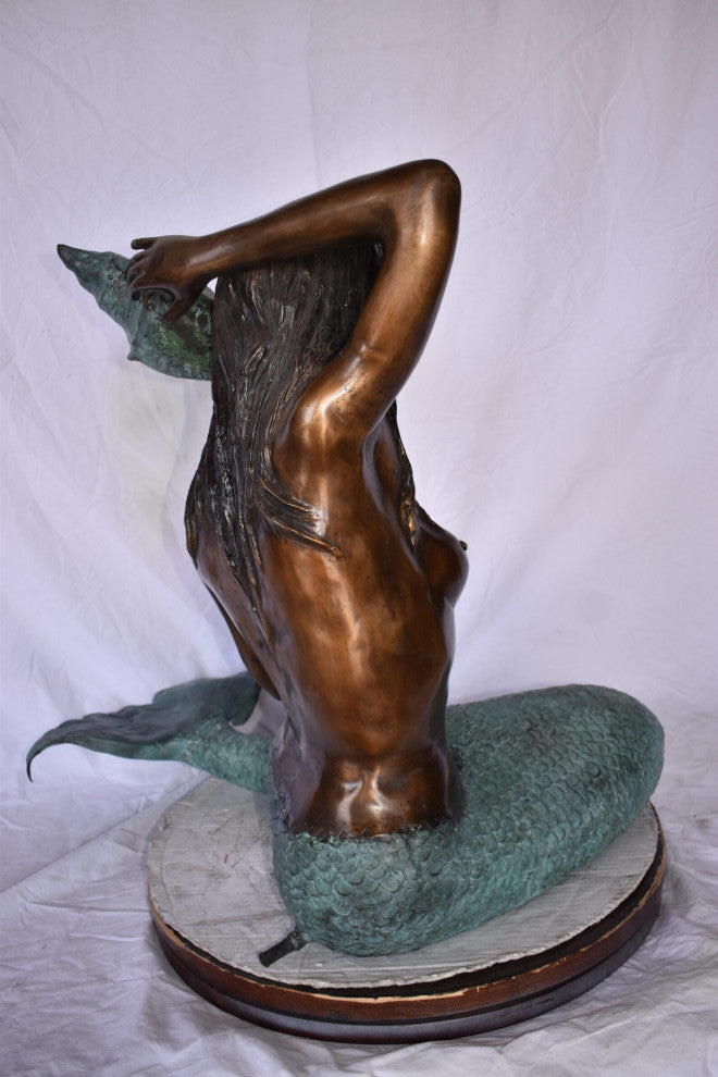Sitting Mermaid Holding A Shell Bronze Statue Fountain Size: 21" x 31" x 28"H