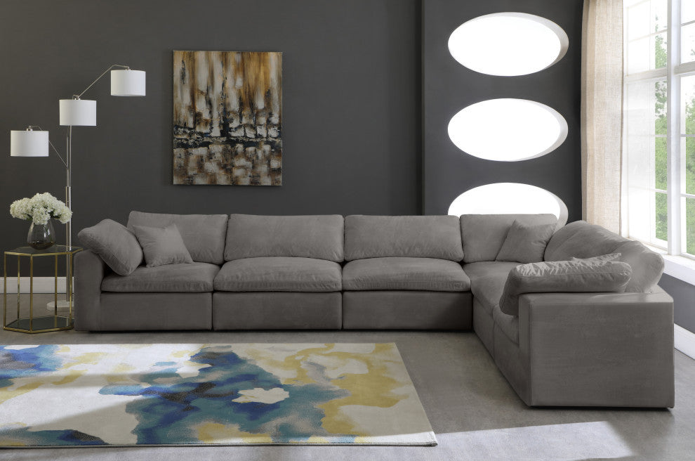 Cozy Velvet Upholstered Comfort L-Shaped Modular Sectional, Grey, 6-Piece: 3 Armless Chair, 3 Corner Chair
