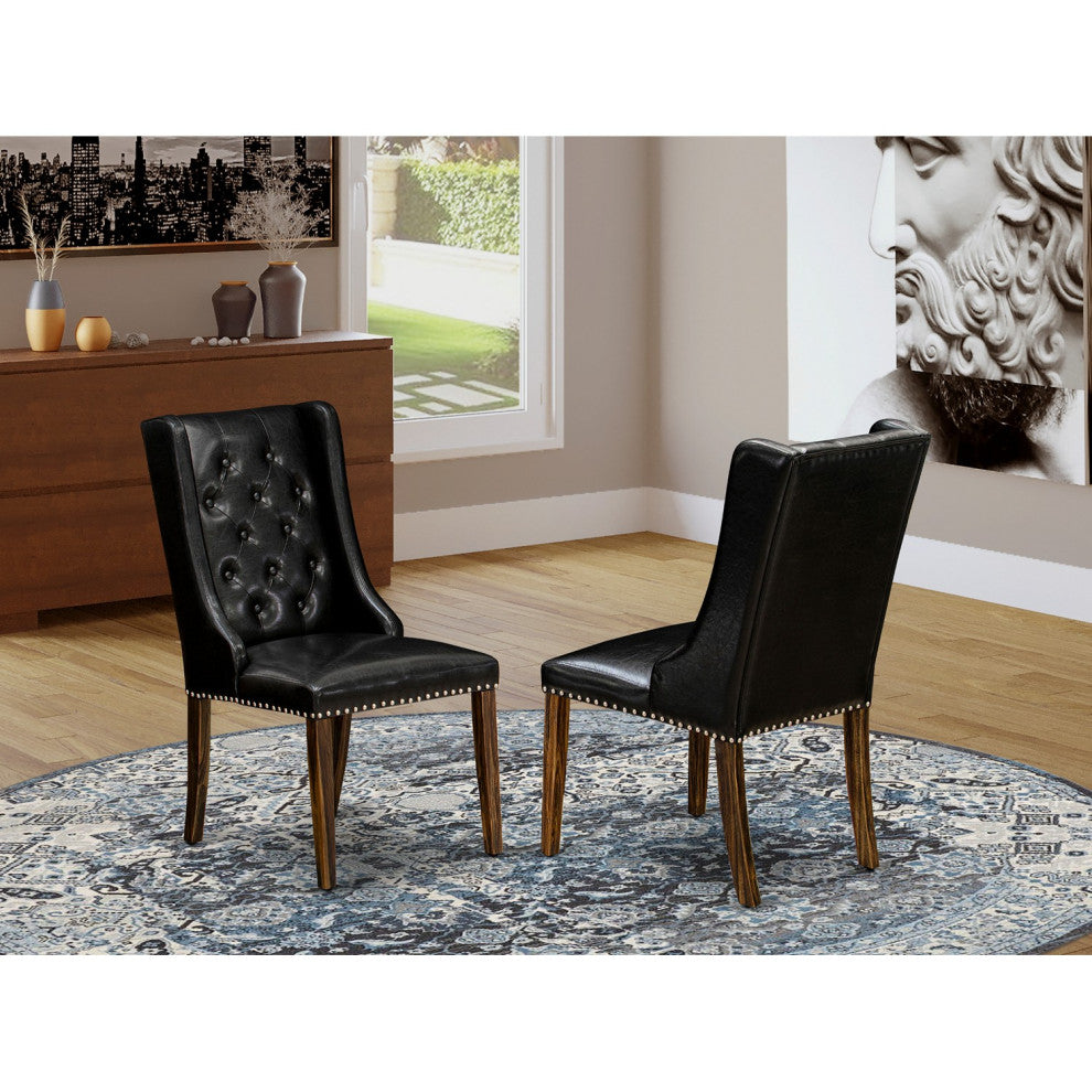 Black Dining Chair, Button Tufted Back, Wood Legs, Set of 2
