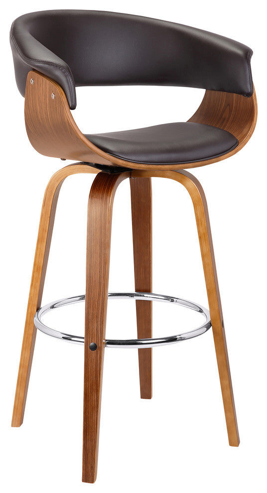 Artemis 30" Mid-Century Swivel Barstool, Brown Faux Leather With Wooden Legs