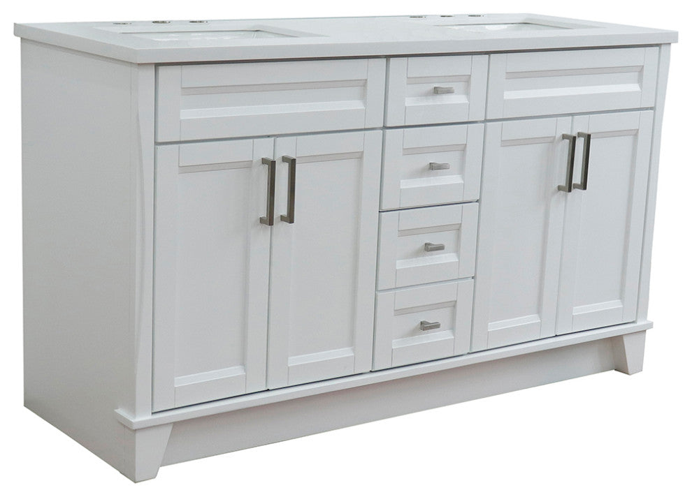 61" Double Sink Vanity, White Finish And Engineered Stone Top And Rectangle Sink