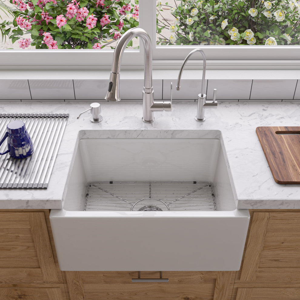 24" White Smooth Thick Wall Fireclay Single Bowl Farm Sink